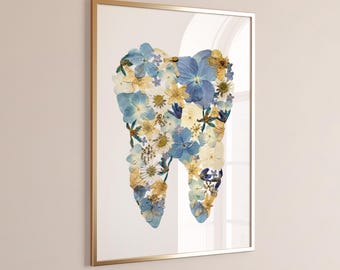 Floral Tooth Print, Dental Wall Art, Dentist Gift, Tooth Anatomy Poster, Clinic Decor