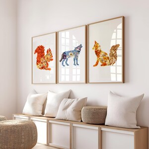 Set di stampe artistiche di animali del bosco con volpe, lupo e scoiattolo, illustrazioni di animali selvatici ispirate alla natura per l'arredamento del soggiorno, della cameretta dei bambini o della cameretta dei bambini.