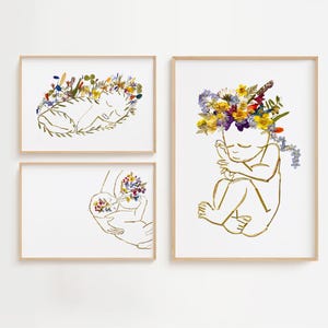 Set di stampe per neonati con linee minimaliste - Illustrazione di grembo, neonato e allattamento per la cameretta del bambino o per l'arredamento dell'ostetrica