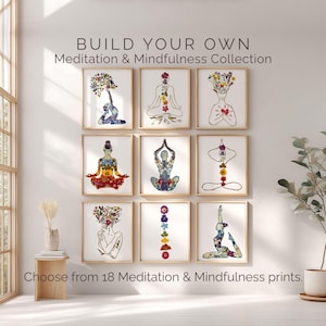 Puede incluir: Una colección de nueve láminas de arte mural enmarcadas con dibujos lineales de figuras en posturas de yoga y motivos florales. El texto dice BUILD YOUR OWN Meditation & Mindfulness Collection y Choose from 18 Meditation & Mindfulness prints.