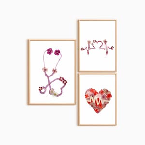 Set di 3 stampe da parete mediche con stetoscopio a forma di cuore con linea del battito cardiaco, decorazione per studio medico / regalo per medico di base, regalo per operatori sanitari