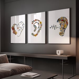 Könnte beinhalten: Drei gerahmte Kunstdrucke mit Ohrmotiven. Ein Ohr ist herzförmig, ein anderes mit Blumen verziert, und das dritte hat Schallwellenlinien. Die Drucke werden an einer dunkelgrauen Wand ausgestellt.