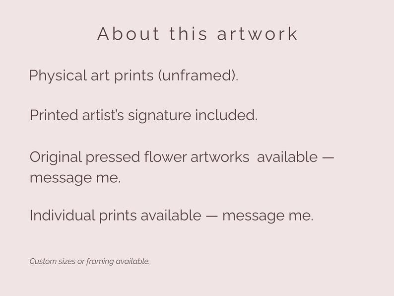 May include: A light pink informational graphic with dark text reading: About this artwork, Physical art prints (unframed), Printed artist's signature included, Original pressed flower artworks available &mdash; message me, Individual prints available &mdash; message me, Custom sizes or framing available.