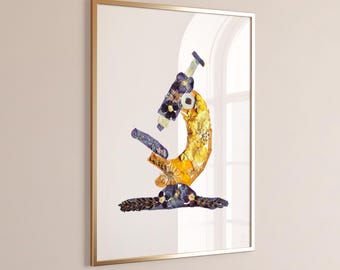 Impressão artística de microscópio floral – Arte de parede para laboratório, decoração para escritório de cientista