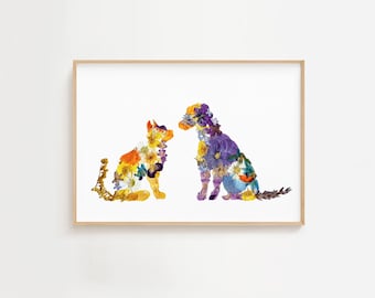Cat and dog wall art print Pet friendship Animal home decor