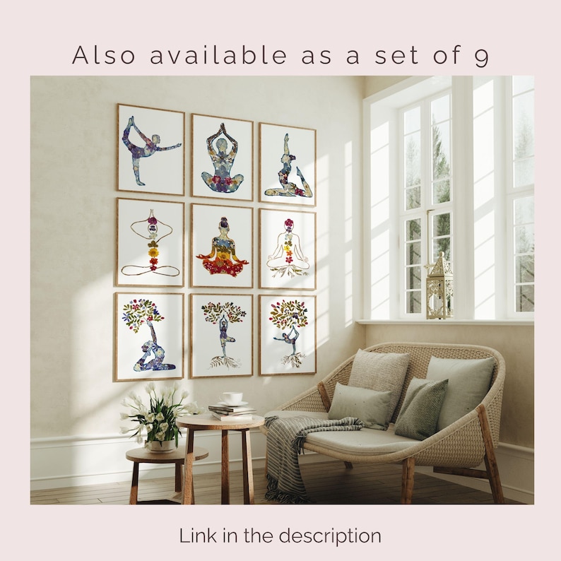 May include: A set of nine framed wall art prints featuring yoga poses filled with colorful pressed flower patterns. The prints are arranged in a three-by-three grid on a wall. The text "Also available as a set of 9" and "Link in the description" is visible.