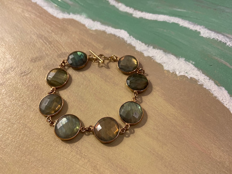 Faceted Labradorite Gemstone Gold Plated Chain Link Bracelet with Star Clasp Toggle