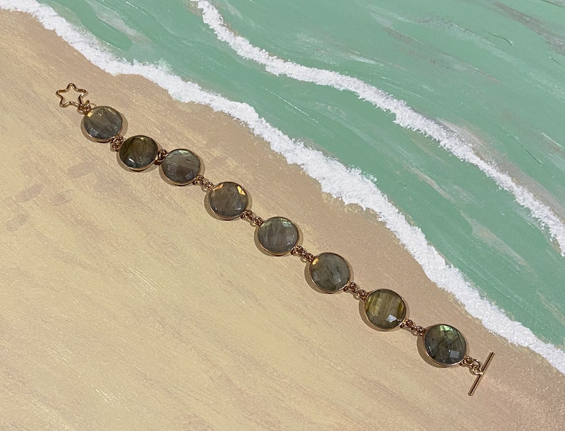 Faceted Labradorite Gemstone Gold Plated Chain Link Bracelet with Star Clasp Toggle