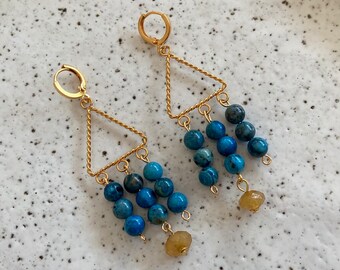 Gold Plated Blue Crazy Lace Agate Gemstone Chandelier Earrings | Statement Gemstone Earrings