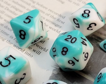 Teal White Mint Swirl Polyhedral Dice Set for D&D, Pathfinder, and TTRPG dice games