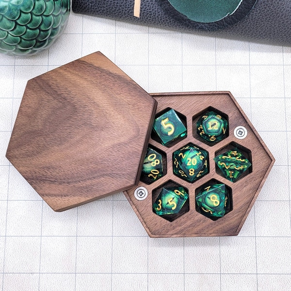 Walnut Dice Box - Hex dice vault for D&D, Dungeons and Dragons, Pathfinder and TTRPG games