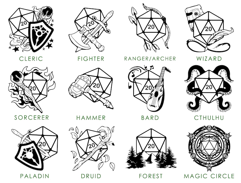 Peut inclure: Illustrations en noir et blanc de classes de personnages de Donjons et Dragons, chacune avec un d&eacute; &agrave; 20 faces et un symbole repr&eacute;sentant la classe. Les classes incluent Clerc, Guerrier, Ranger/Archer, Magicien, Sorcier, Marteau, Barde, Cthulhu, Paladin, Druide, For&ecirc;t et Cercle Magique.