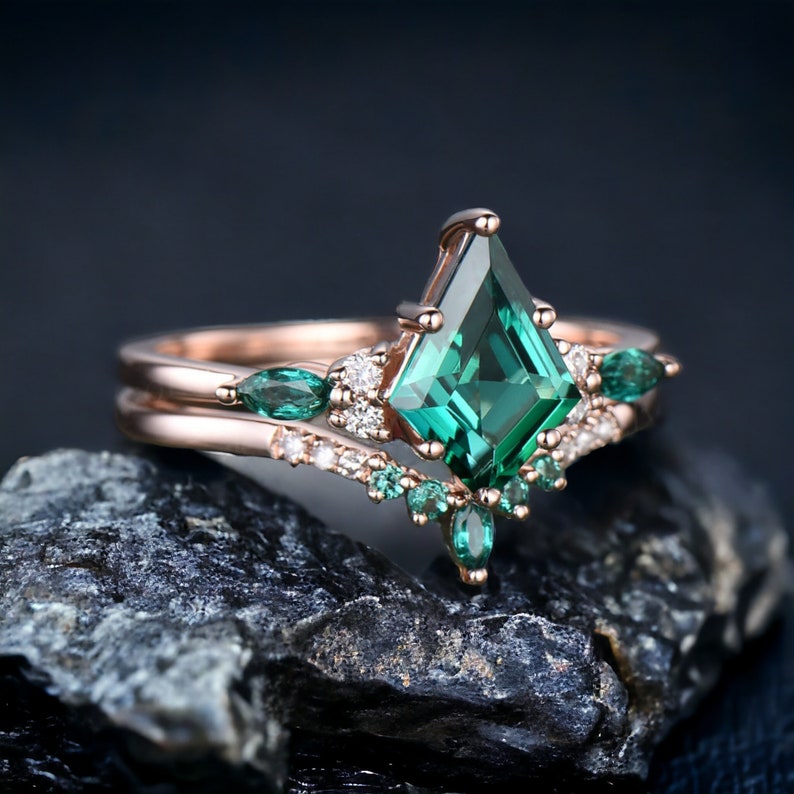 Vintage Emerald Ring Set kite cut esmeralda anillo de compromiso conjunto 18k oro rosa seis puntas marquesa corte Esmeralda promesa anillo de boda conjunto para mamá imagen 2