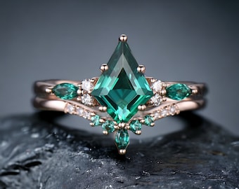 Vintage Emerald Ring Set kite cut esmeralda anillo de compromiso conjunto 18k oro rosa seis puntas marquesa corte Esmeralda promesa anillo de boda conjunto para mamá