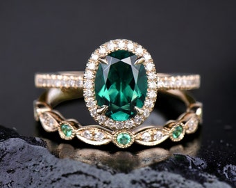 Vintage Emerald engagement ring set art deco Oval Cut Emerald ring set unique wedding ring Set unique Bridal Ring Set for women Gift For Her