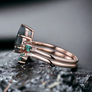 Vintage Emerald Ring Set kite cut esmeralda anillo de compromiso conjunto 18k oro rosa seis puntas marquesa corte Esmeralda promesa anillo de boda conjunto para mamá imagen 5