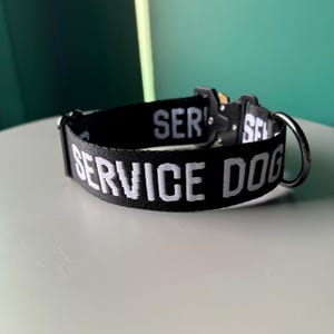 Op de afbeelding: Een zwarte nylon hondenhalsband met de wit geborduurde tekst SERVICE DOG in een vet schreefloos lettertype. De halsband is voorzien van een zwarte metalen snelsluiting en een stevige zilverkleurige metalen D-ring voor de hondenriem.