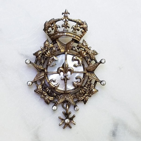 Rare Vintage Nettie Rosenstein French Heraldic Crest Brooch With Dangle And Mother Of Pearl