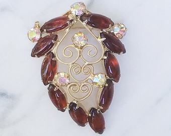 Vintage DeLizza And Elster Smokey Topaz Brooch With Heart Scroll And AB Rhinestones