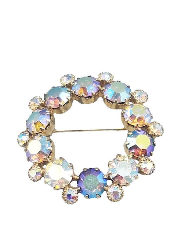 Vintage AB Blue And Clear Circle Wreath Brooch