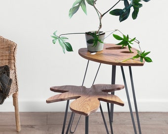 Leaf table set - Design Plant Table set - Plant stand set- Leaf shaped table - End table - Solid oak - Natural