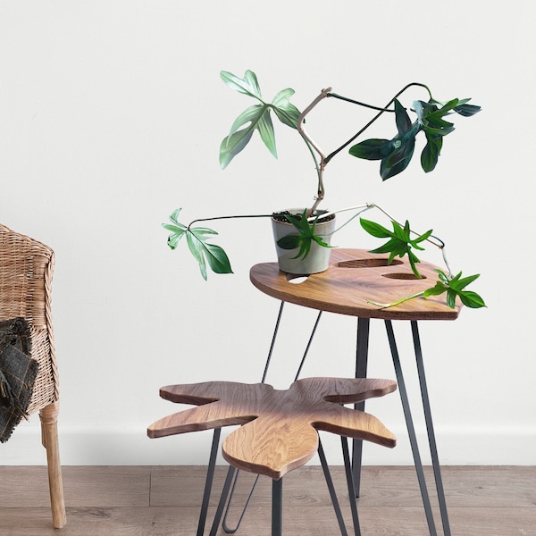 Leaf table set - Design Plant Table set - Plant stand set- Leaf shaped table - End table - Solid oak - Natural