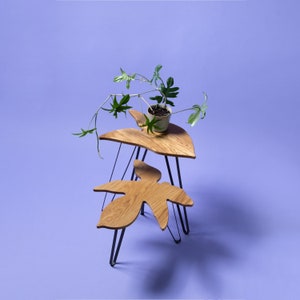 Blatt-Tisch-Set Design-Pflanzentisch-Set Pflanzenständer-Set Blattförmiger Tisch Beistelltisch Massive Eiche Natur Bild 8