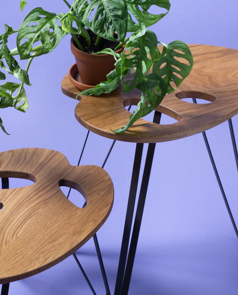 Design Plant Table Monstera Adansonii Plant Stand Leaf table Leaf shaped table End table Solid oak Side Table image 4