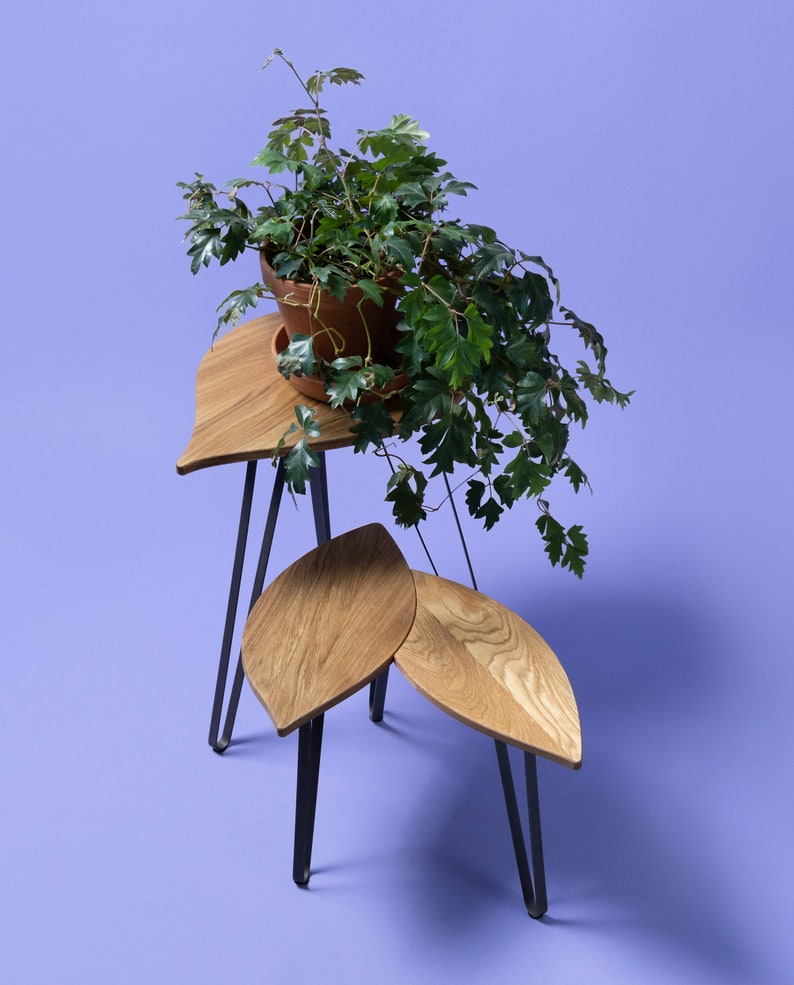 Blatt-Tisch-Set Design-Pflanzentisch-Set Pflanzenständer-Set Blattförmiger Tisch Beistelltisch Massive Eiche Natur Bild 6