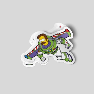 May include: A yellow cartoon character with a mustache and a blue shirt is dressed as Buzz Lightyear from the Toy Story movie. The character is flying with wings and a red and white striped design.
