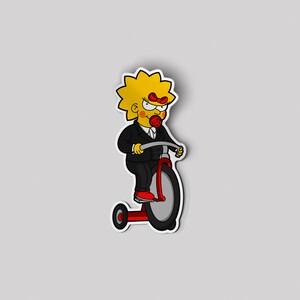 Maggie Simpson as Jigsaw Sticker | Horror Cartoon Mashup | Creepy Simpsons Saw Parody Decal | Unique Halloween Sticker