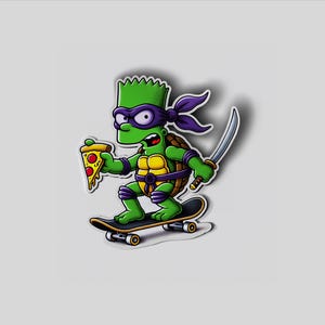 May include: A green cartoon character with a purple bandana and shell, holding a slice of pizza and riding a skateboard. The character is wearing a yellow belt and has a serious expression.
