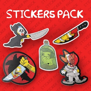 May include: A set of five stickers featuring characters from the Simpsons, including a ghost holding a knife, a knife with a face, a character in a jar, a character holding a knife, and a clown with a knife. The stickers are on a red background with the text "Stickers Pack".