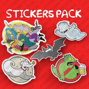May include: A set of five Halloween-themed stickers featuring a group of witches flying on a broomstick, a ghost, a bat, a dog wearing a cape, and a green monster holding a beer.