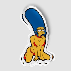 May include: A sticker featuring a cartoon character with blue hair, yellow skin, and a red bikini. The character is in a kneeling pose with a playful expression.