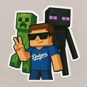 Minecraft-Inspired Sticker | Cool Gamer Boy with Creeper | Enderman | Dodgers Shirt | Pixel Art Decal for Kids | Laptop and Water Bottle