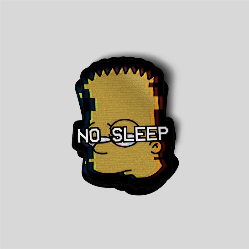 May include: A yellow cartoon character with the text "NO SLEEP" in white. The character has black outlines and is wearing glasses. The image has a glitch effect and is on a gray background.