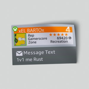May include: A gamer profile card with a yellow cartoon character wearing headphones. The card has a 4-star rating, a gamer score of 69420, and the text "xEL BARTOX" and "Rep Zone Recreation". The message text is "1v1 me Rust".