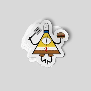 May include: A yellow triangle-shaped character with one eye, wearing a blue sailor hat with an anchor, a red tie, and brown shorts. The character is holding a spatula in one hand and a hamburger in the other.