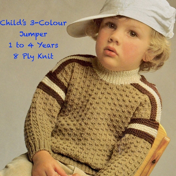 Childs 3-Colour JUMPER Knitting Pattern, Stripes on Shoulder & Top of Sleeve. Double Knit (8 Ply) Yarn, To Fit 1-2-3-4 Years. Easy Download