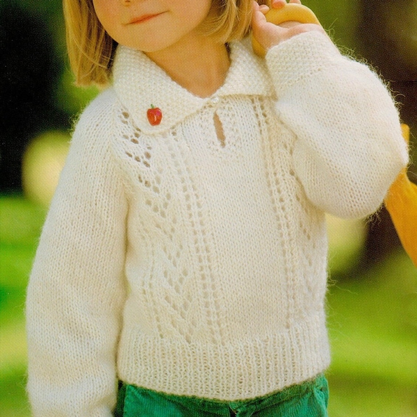 Girls Lace Panel Jumper Knitting Pattern. Plain Back, Collar, Raglan Sleeves. Double Knit/ Lt Worsted Yarn, Sizes 2-4-6-8. Instant Download