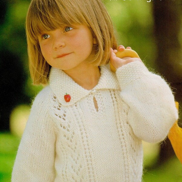 Girls Lace Panel Jumper Knitting Pattern. Plain Back, Collar, Raglan Sleeves. Double Knit/ Lt Worsted Yarn, Sizes 2-4-6-8. Instant Download