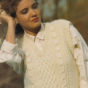 Traditional ARAN Vest Knitting Pattern.  Slip Over, V-Neck, Chunky (14-ply) Yarn. Instant Download