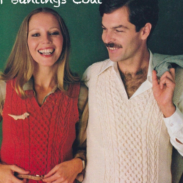 His 'n Hers Knitted Cable Vest, Pullover Top Knit Pattern, V-neckline, Knitted in 8-Ply Double Knit Yarn. Instant Download