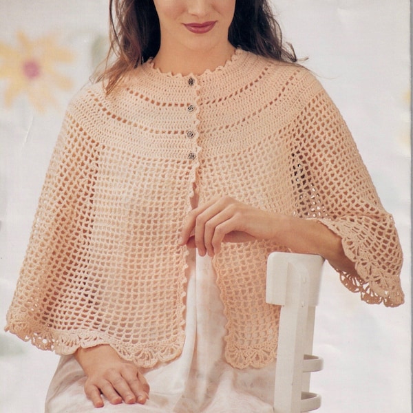 Women's Crocheted Bed Cape Pattern, Capelet, Bed Jacket, Crocheted in One-Piece, To Fit Bust 80 to 90cm. Instant Download