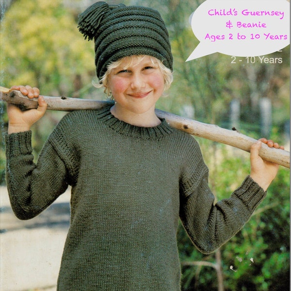 Child's Classic GUERNSEY Jumper & Ridged Beanie with Tassel Trim Knitting Pattern, Drop Shoulder Style. Double Knit (8-Ply). Ages 2-10 Years