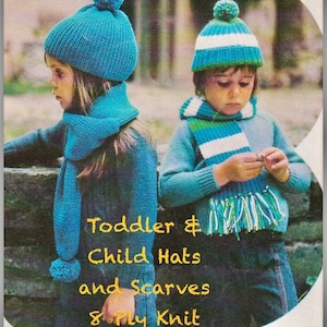 Toddler and Child HAT and SCARF Knitting Pattern. Pom-poms, Fringes. Double Knit (8 Ply) Yarn. 2 Sizes. Instant Download