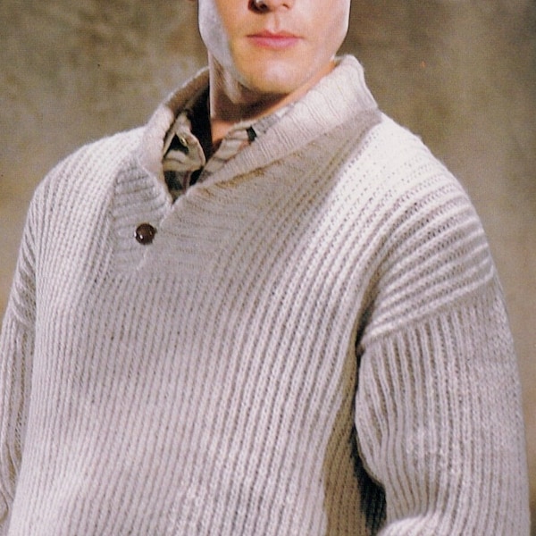 Men's Shawl Collar and Fishermans Rib Jumper Knitting Pattern, Gramps Button Closure. Chest Up to 42" (105cm). Instant Download