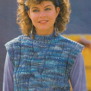 Chunky (12 Ply) Knit SLEEVELESS VEST Sweater or Slip Over Knitting Pattern. Shown in Colourful Variegated Yarn. Quick Knit. Instant Download