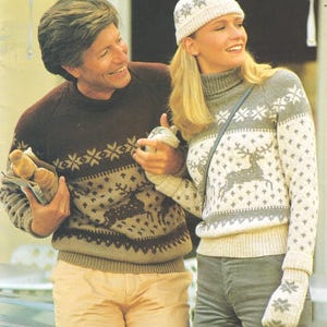 FAIR ISLE Reindeer and Snowflake Jumper Knitting Pattern Plus Mitts and Hat. Festive Winter Set, Family Knit. Instant Download